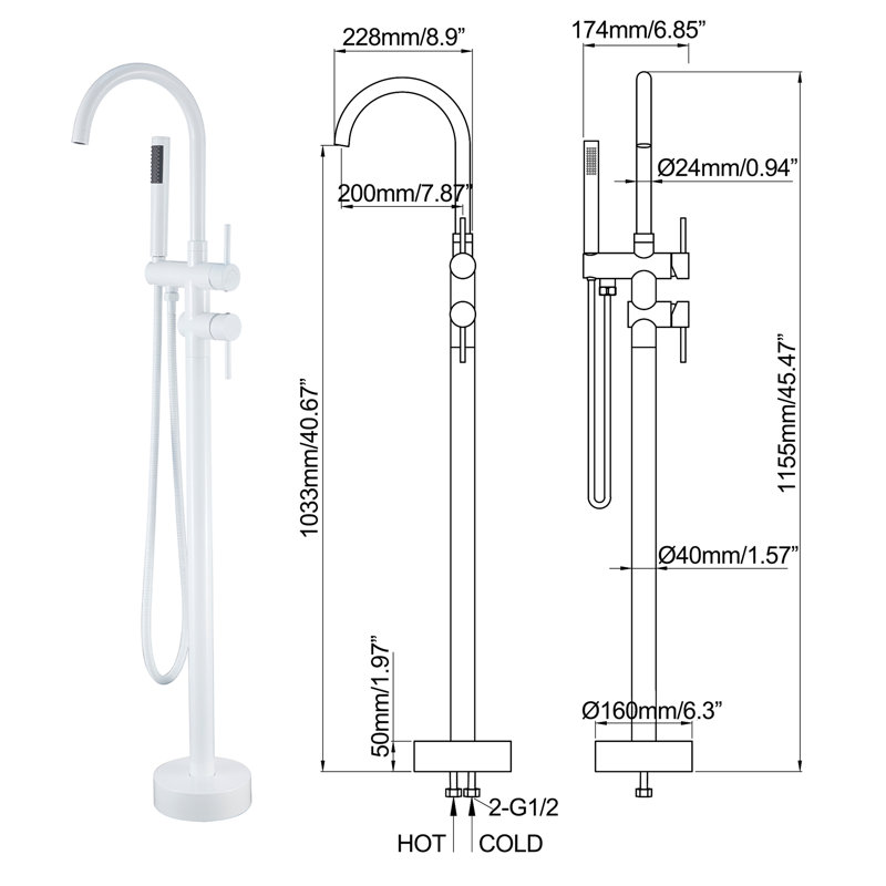 Floor Tub Spout with Diverter, White
