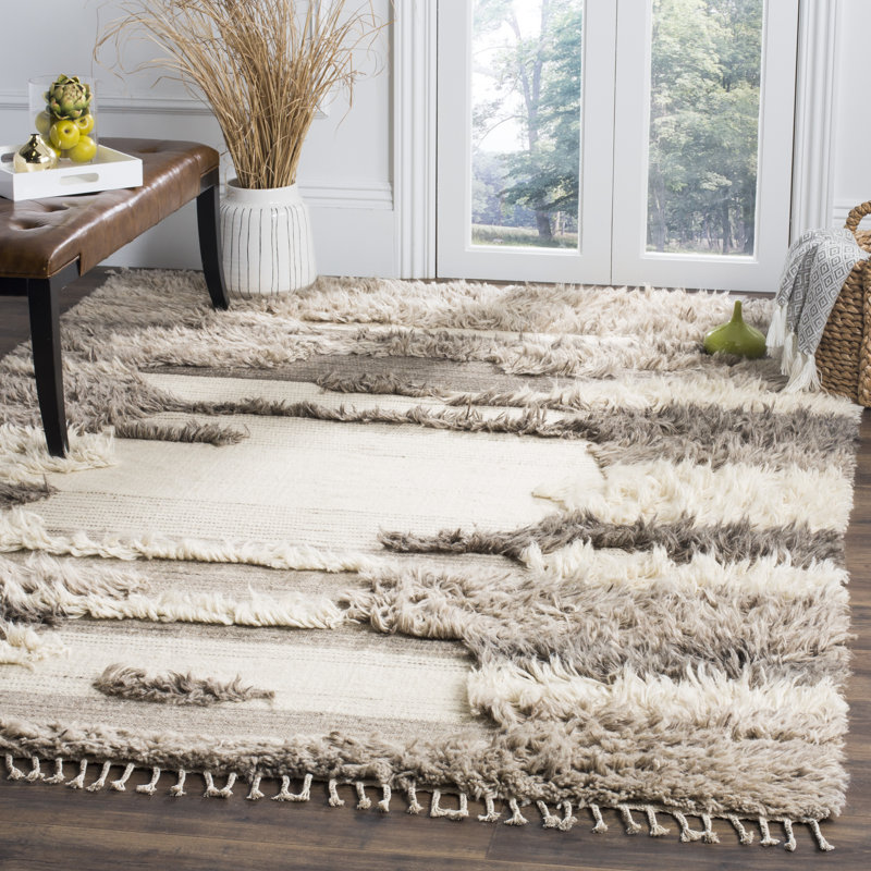 Tapis abstrait en laine / coton noué à la main Bakerhill ivoire / gris, Rectangle 6 pi x 9 pi