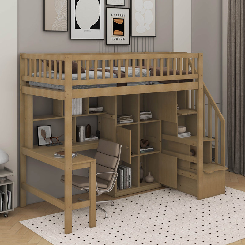 Lit mezzanine simple avec bureau, DEL, tablettes de rangement, armoires et escalier, Noyer