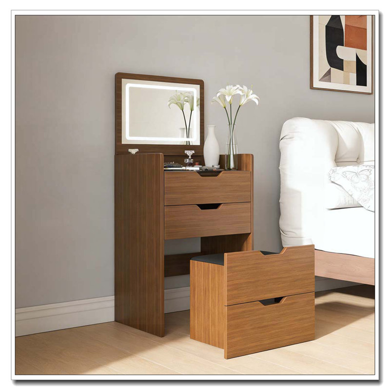 3-in-1 Vanity Desk with Lighted Mirror and Stool, Walnut-18.9"L