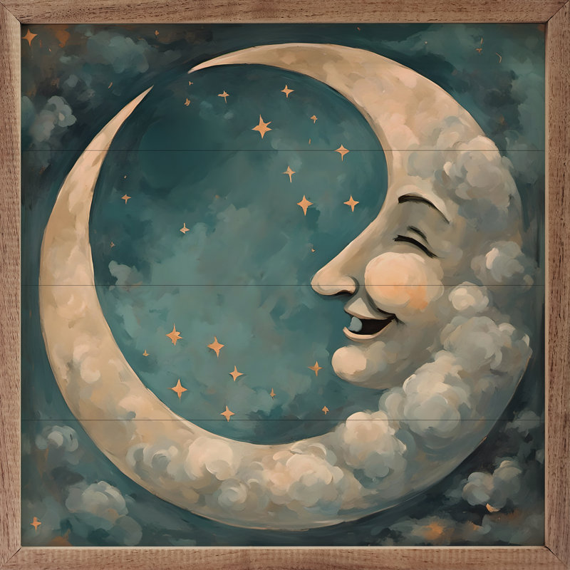 «Vintage Moon With Face» sur bois, H 16 po x l 16 po x P 1,95 po