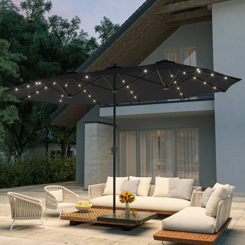 Parasol 13 x 7,2 pi DEL double face pour patio, parasol simple Market, Noir, noir, noir, noir