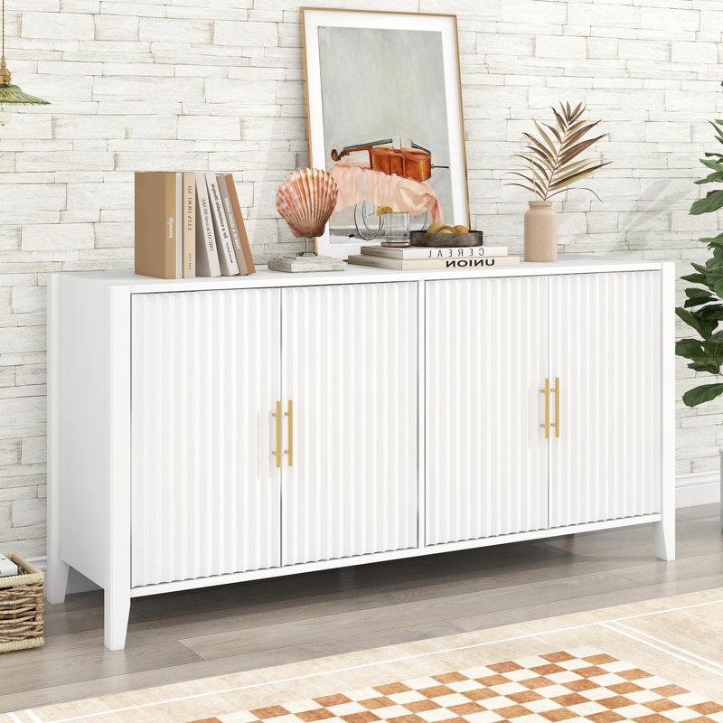 63" White Fluted Modern Sideboard with Gold Handles