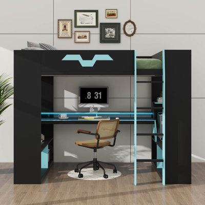 Lit mezzanine en bois pleine grandeur équipé d'une prise de courant, de ports USB / Type-C, d'une gestion des câbles intégrée et d'un éclairage réglable