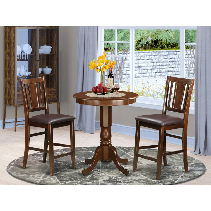 3 Piece Counter Height Dining Table Set Contains a Round Wooden Table with Pedestal and 2 Leath, 3 Pieces: 1 Table, 2 Chairs