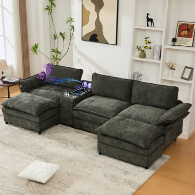 Canapé modulaire en U avec rangement, recharge sans fil, haut-parleurs Bluetooth et repose-pieds mobiles pour une vie moderne