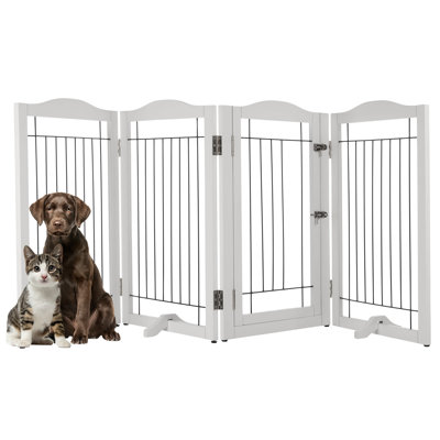 Freestanding Dog Gate - 4-Panel Foldable Indoor Pet Fence with Lockable Door and Support Feet - 80x32in Extra Wide Wood Dog Gate for Stairs, Hallways, or Doorways by PETMAKER (White)