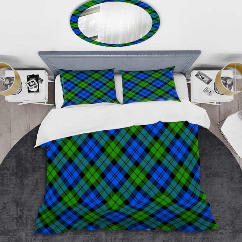Tartan à carreaux bleu et vert - Ensemble de housse de couette abstrait - Microfibre de polyester