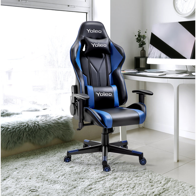 Blue Elephant Adjustable Reclining Faux Leather Swiveling PC & Racing Game Chair, Black/Blue