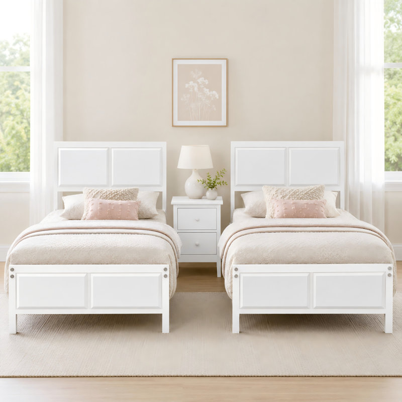 Sandreka 2 Set Twin Size Bed Frame, 2Pcs Rustic Farmhouse Metal Platform Bedframe with Wood Headboard, Mattress Foundation with Heavy Duty Metal Slats Support, No Box Spring Needed