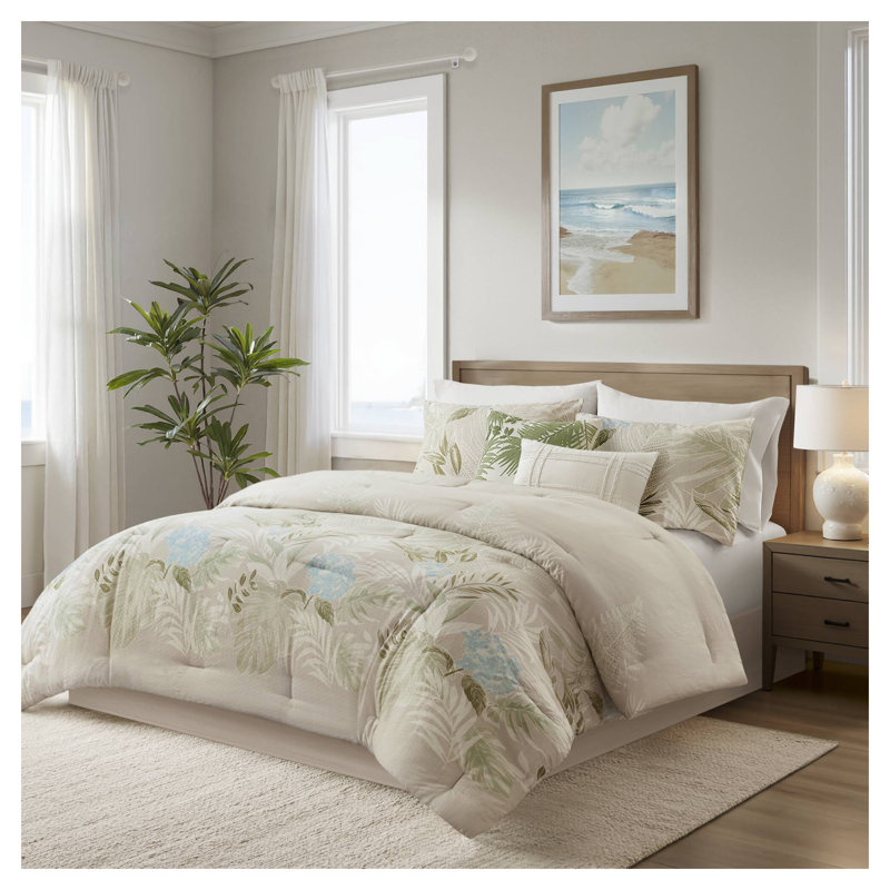 Ensemble d'édredon en coton surdimensionné 6 pièces pour grand lit avec imprimé tropical et coussins décoratifs - literie bleu vert côtier