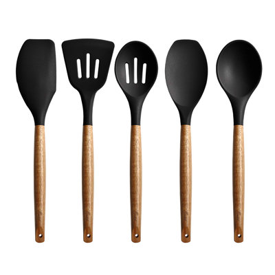Non-Stick Cooking Utensils, Silicone Kitchen Utensils Set With Natural Acacia Hard Wood Handle, 5 Piece