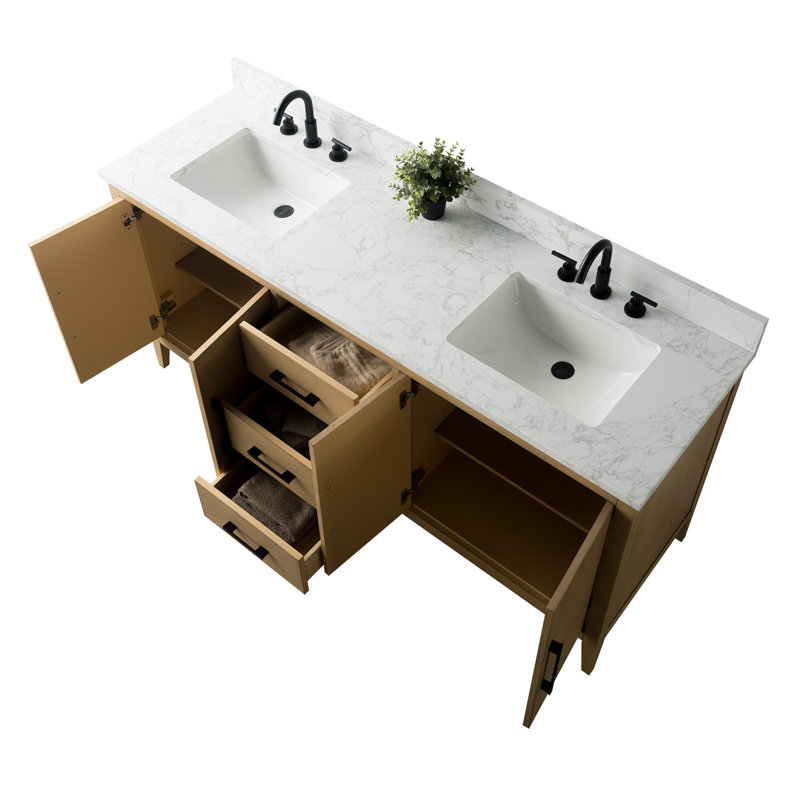Ensemble de meuble-lavabo double 72 po avec plateau en marbre Chambery, Chêne naturel, Noir mat