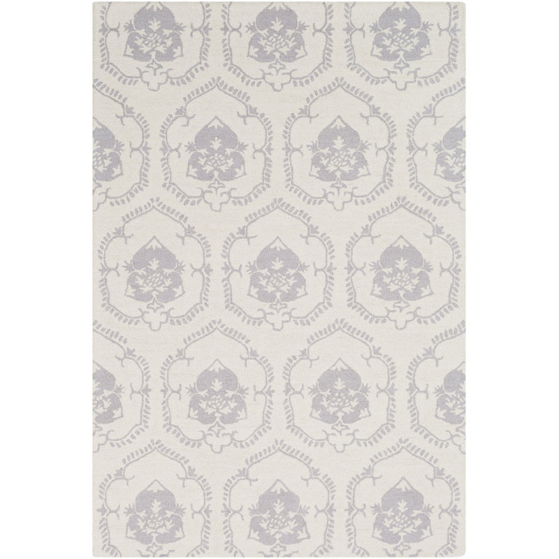 Tapis ivoire / gris clair en laine touffeté à la main Ebert, Rectangle de 7 pi 6 po x 9 pi 6 po