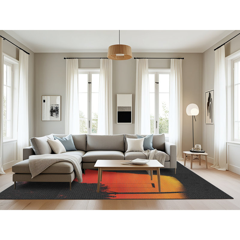 Tapis noir/rouge/orange tissé à la machine, Rectangle 8 pi x 10 pi