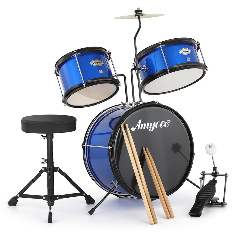 3-Piece Junior Drum Set for Beginners – Complete Kit with Cymbals, Throne Stool & Pedal, Wood & Metal Construction – Blue for Home Practice, Learning & Gifts