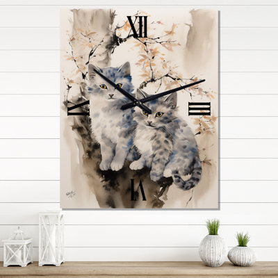 Two Cats In A Tree Vintage Painting I - Animals Cat Vintage Wall Clock