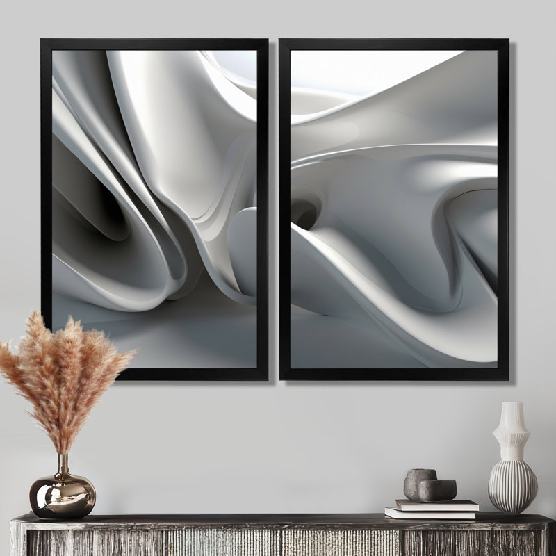 «White Black Contemplative Abstraction - Abstract Modern Waves», impression sur toile abstraite blanche, 2 pièces, Noir