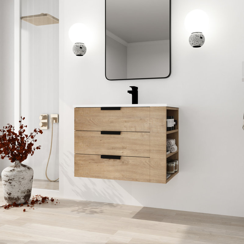 Meuble-lavabo mural 30 po avec lavabo - tiroir à fermeture en douceur et tablette latérale 30 po. Tiroir. Aspect chêne imitation, fabrication en contreplaqué