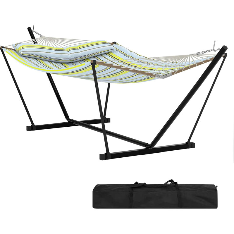 Hamac d'extérieur robuste pour 2 personnes avec support, hamac double portatif avec barre d'écartement en bois dur, oreiller et cordes