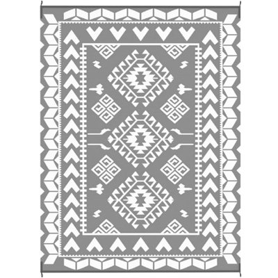 Patio Decor Outdoor Reversible Rug, 9' X 12', Gray And White Rhombus Patchwork, Polypropylene, Waterproof, Comes With Carry Bag Rug 12' For Decor, Portable Camping Area Carpet Mat, Polypropylene