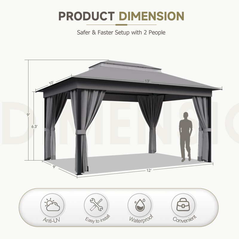 13 Ft. W x 10 Ft. D Soft Top Steel Patio Gazebo with 2-Tier Canopy and Zippered Mesh Netting for Outdoor, Patio, Garden, and Backyard Activities