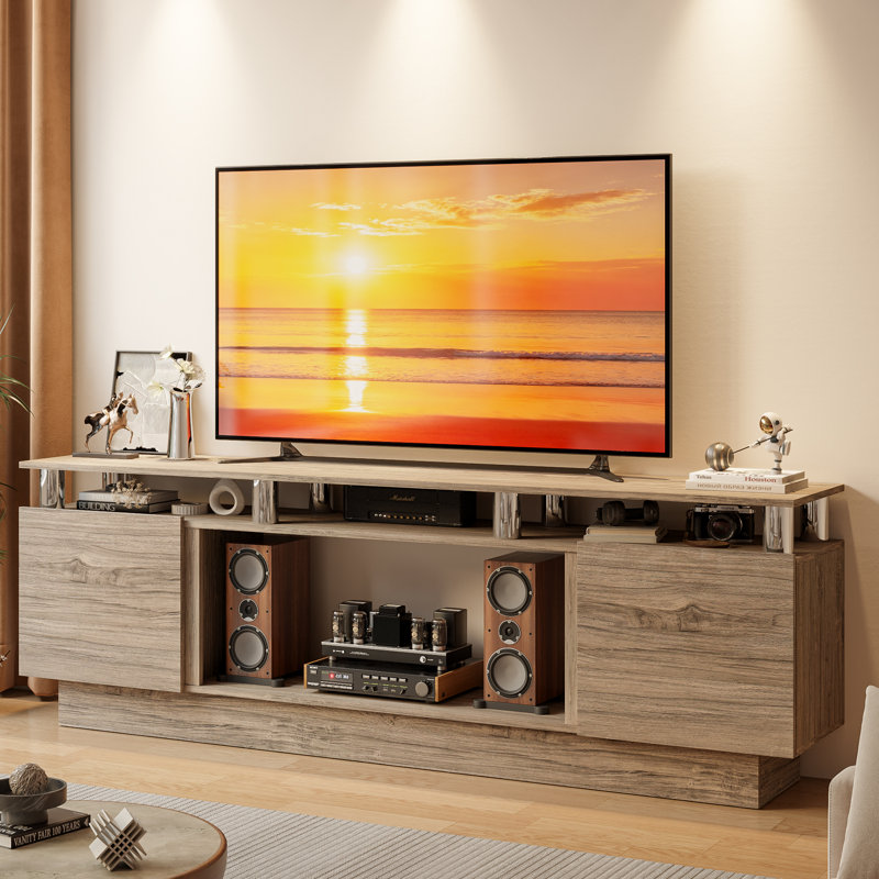 Meuble télé 70 po pour téléviseur moderne jusqu'à 70 po, meuble multimédia moderne à 2 niveaux avec rangement et armoire pour salon