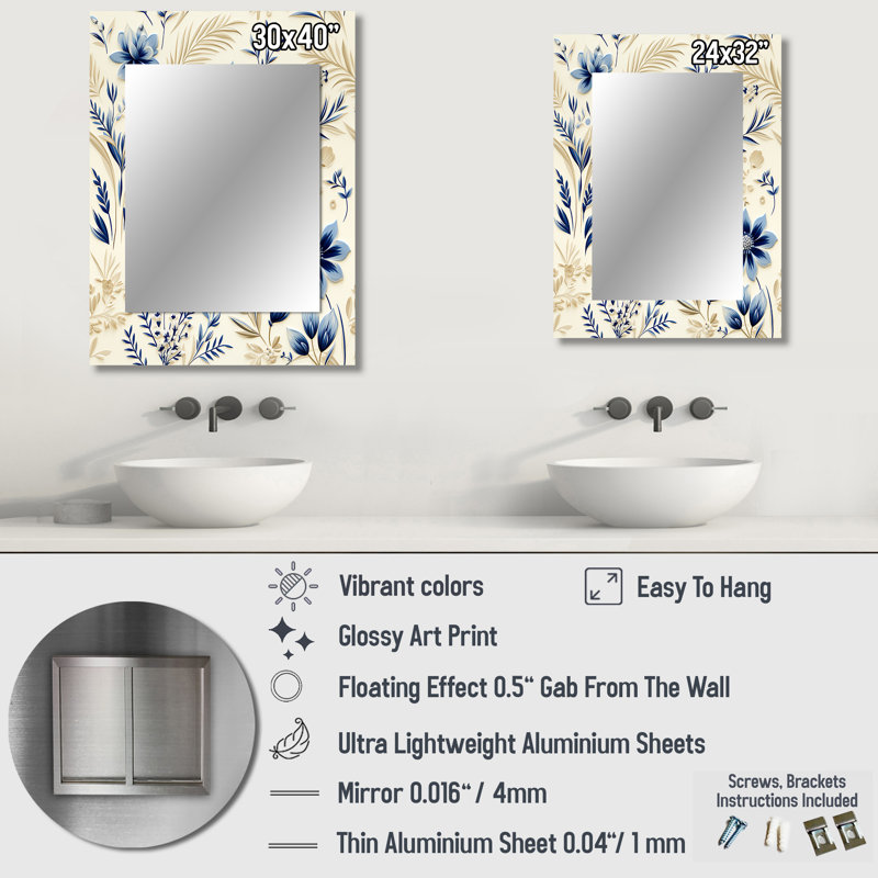 Motif de fleurs Cludia Coastal Neutrals - miroir décoratif boho, 32 po x 24 po