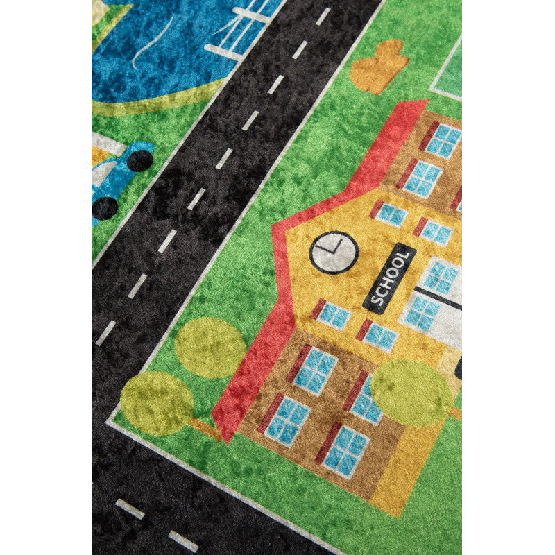 Tapis rectangulaire vert / bleu en velours tissé à la machine Fennville, Rectangle 3 pi 3 po x 5 pi 3 po