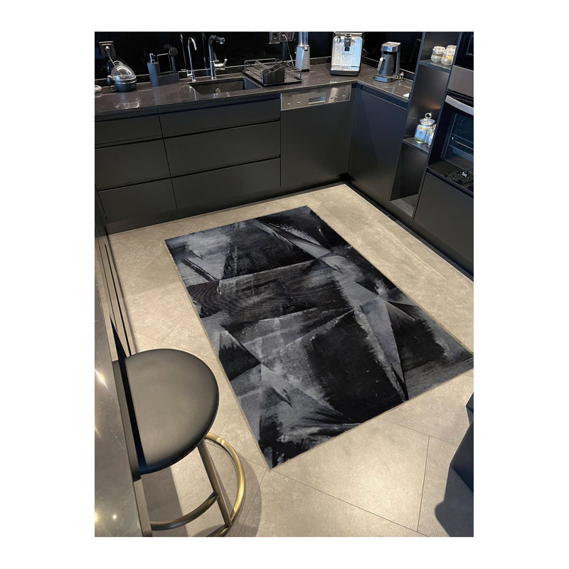 Tapis décoratif noir à motif géométrique abstrait à motif géométrique noir, Tapis de couloir 3 pi 3 po x 6 pi 7 po inclus