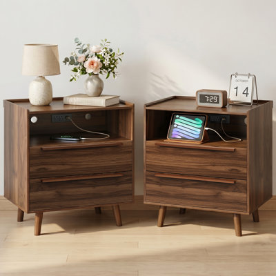 Table de chevet moderne à 2 tiroirs avec station de charge, ports USB et de type C et tablette ouverte