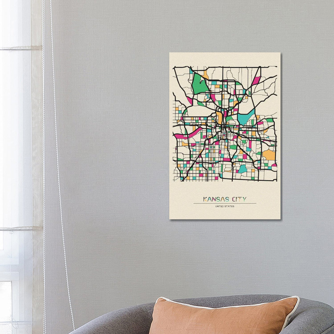 Kansas City, Missouri Map by Ayse Deniz Akerman - Wrapped Canvas Print