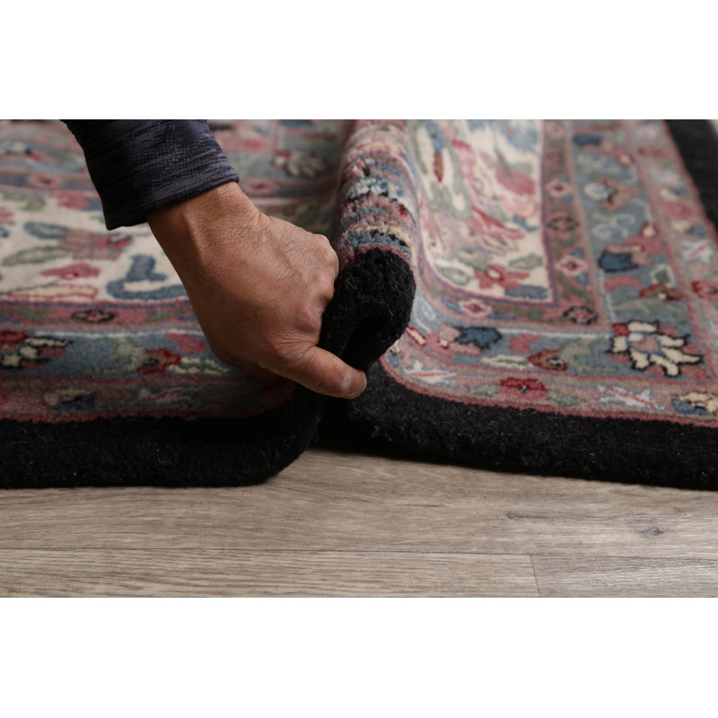 Tapis noir en laine noué à la main de conception unique 12 pi 0 po x 18 pi