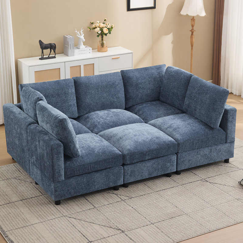 Canapé-lit modulaire 6 pièces avec repose-pieds modulaire convertible, H 36,2 po x l 89,5 po x P 58 po, Bleu