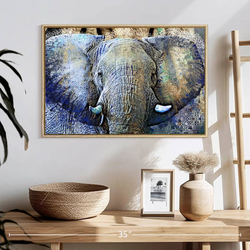 Éléphant, 25 po x 17 po, Cadre flottant en bois naturel
