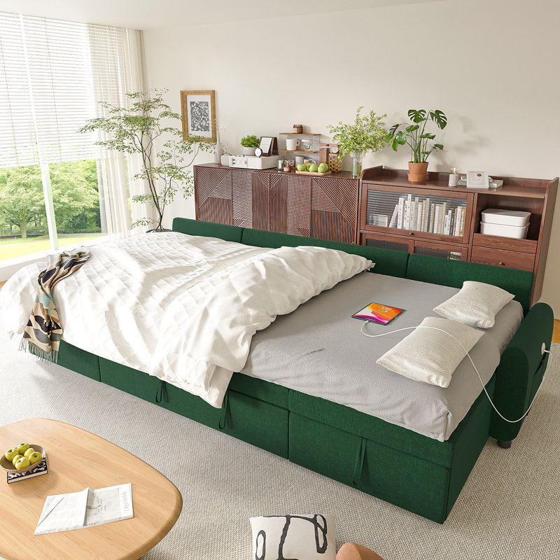 112" U-shaped Sleeper Sectional Sofa With Pull-out Bed, Dual Reversible Storage Chaise, Usb Charging Ports & Side Pockets, Removable Back Cushions For Living Room