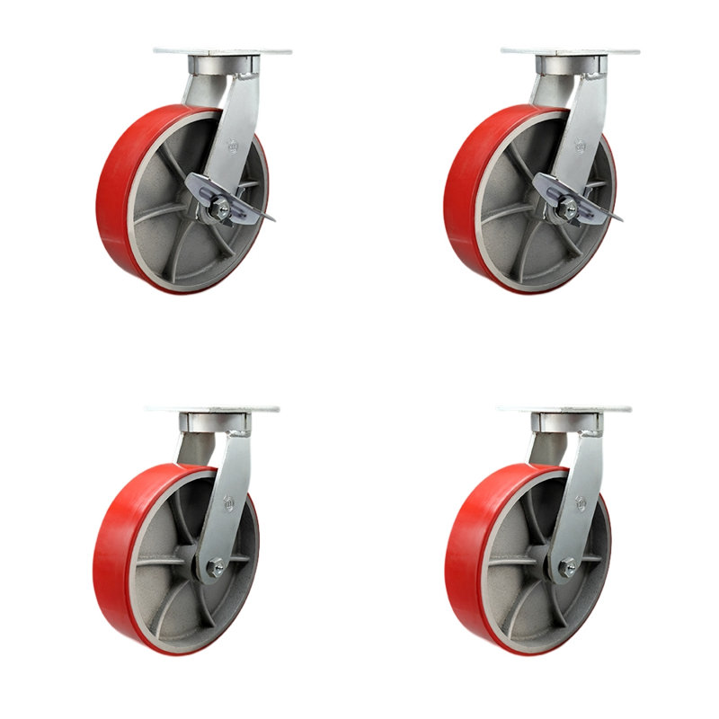 Heavy Duty Poly on Cast Iron Caster Set 4 Swivel Locks 2 Brakes