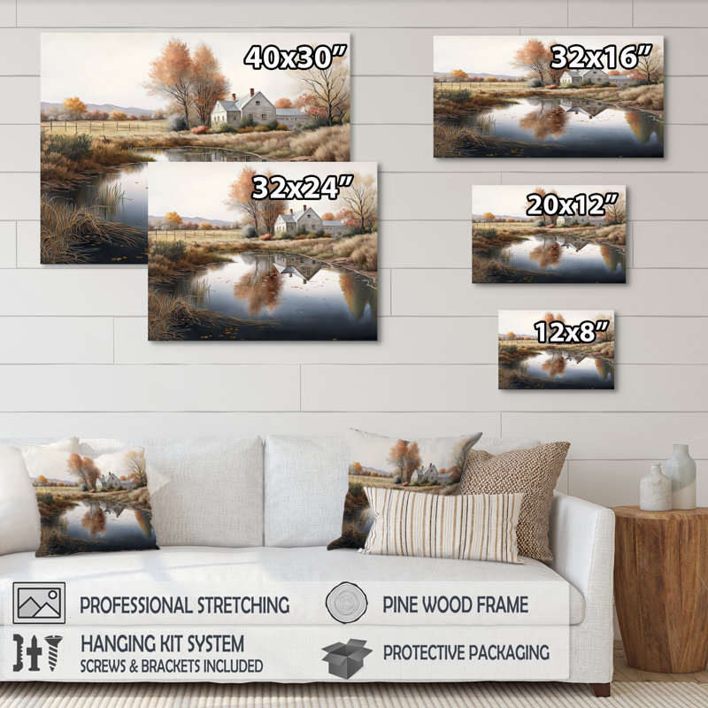 «Small River To The Farm I - Barn Landscape», reproduction sur toile encadrée, H 30 po x l 40 po x P 1,5 po, Toile tendue