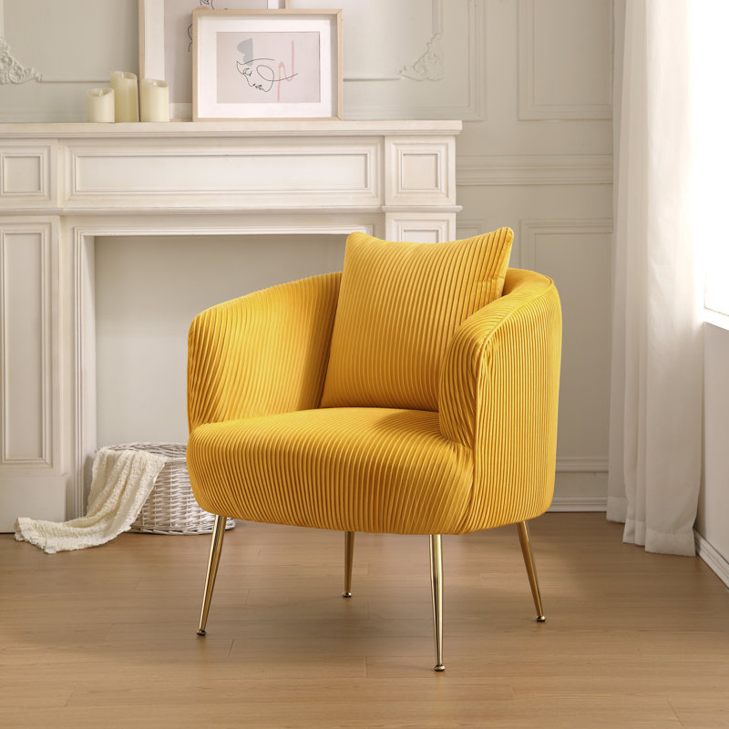 Letona 28.74" W Velvet Barrel Chair with gold metal legs, Yellow