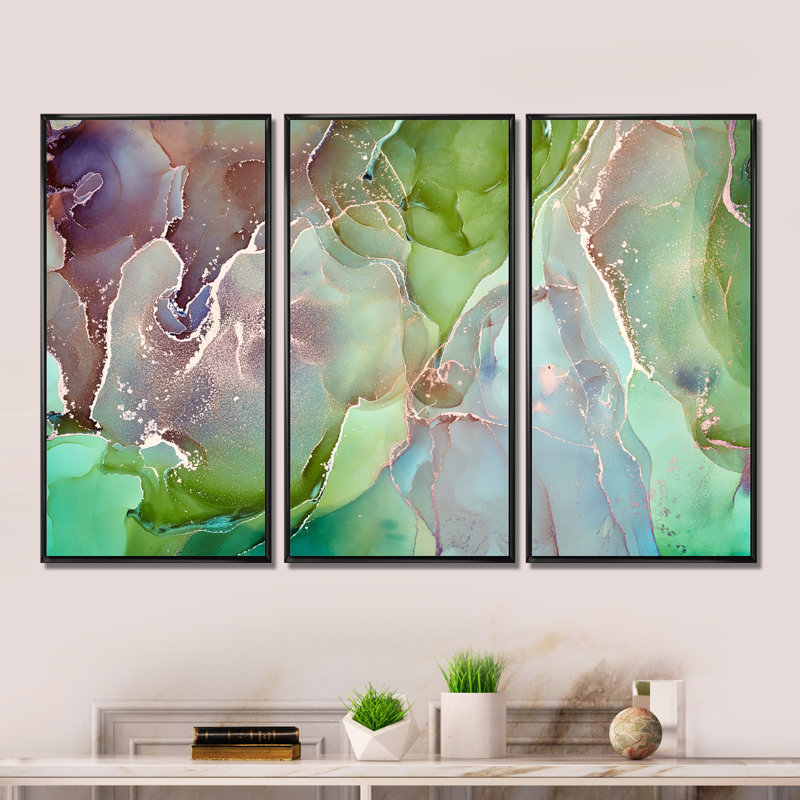 «Green and Pink Abstract Ink Art», impression sur toile flottante 3 pièces, H 28 po x l 36 po x P 1 po, Cadre noir