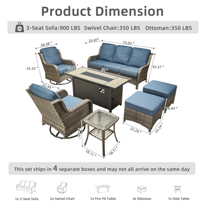 5 - Person Wicker Outdoor Conversation Set, Patio Sofa & Swivel Chair Set with Fire Pit and Cushions, Blue Cushion/Gray Frame