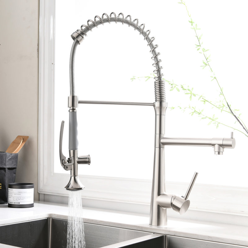 Heavy Duty Kitchen Faucet With Pre-Rinse Spring And Brass Construction In Nickel Sink Pull Down Spout Ceramic Filler Brushed Style