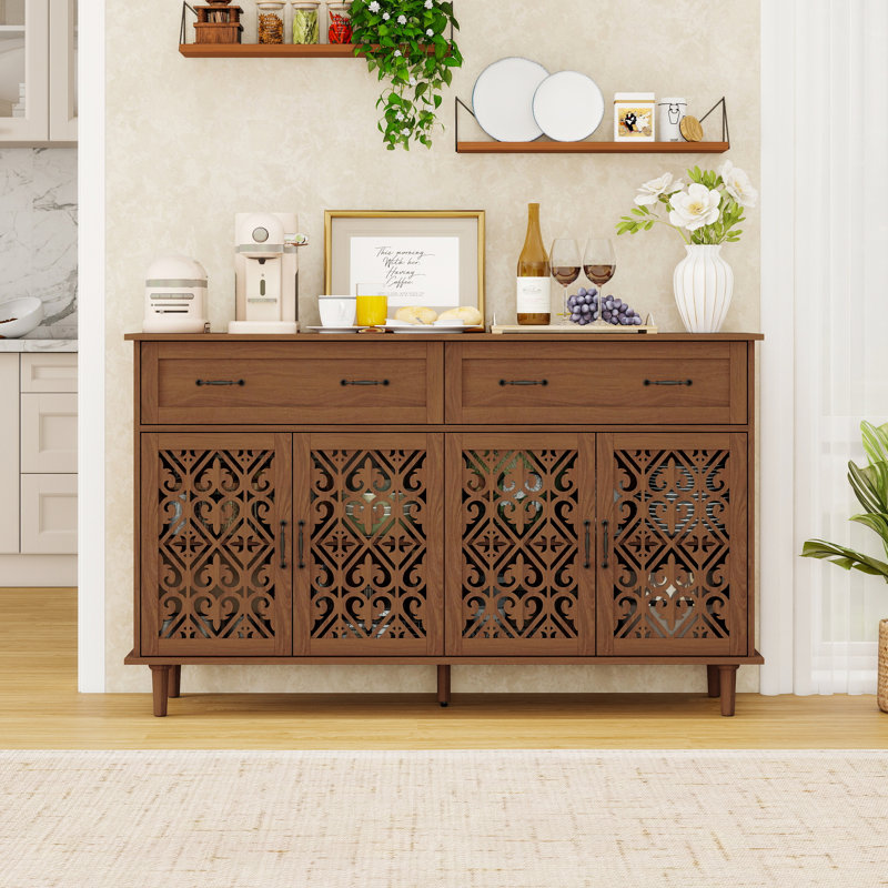 Vintage Sideboard Buffet Cabinet With Hand-Carved Hollow Doors, Distressed Light Wood Finish, Ample Storage For Living Room Elegance