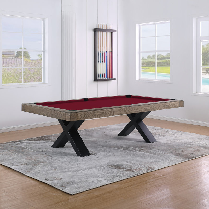 Table de billard en ardoise 8 pi Texas II avec pieds en acier, Bourgogne, Distressing Vintage Ash