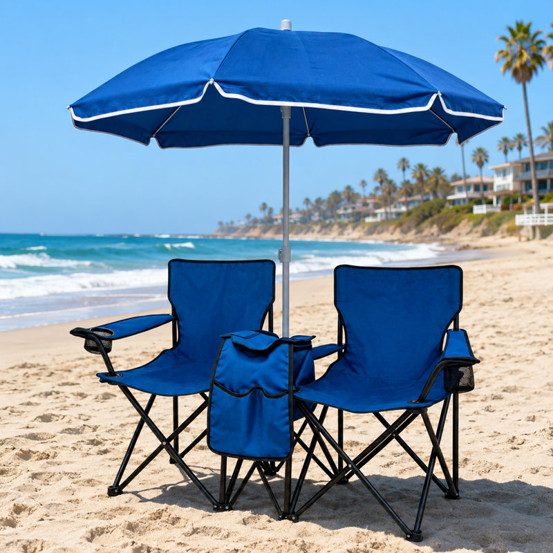 Outdoor Folding Chair Set for 2 with Umbrella for Lawn and Beach