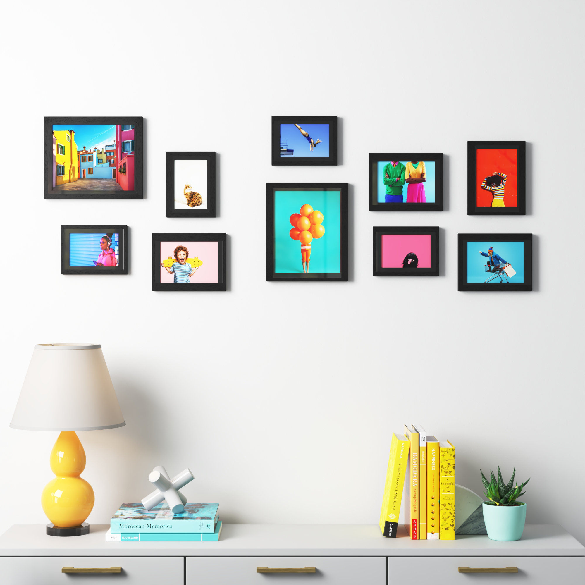 Instapoints 6 Piece Gallery Wall Picture Frame Set in Multiple Sizes with  Decorative Art Prints & Hanging Template 