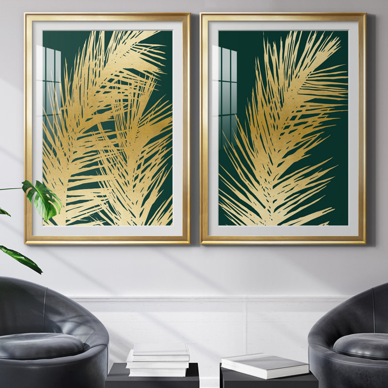 Emerald Palm I - ensemble de 2 reproductions d'art, H 26,5 po x l 73 po, Impression encadrée avec passe-partout, Doré