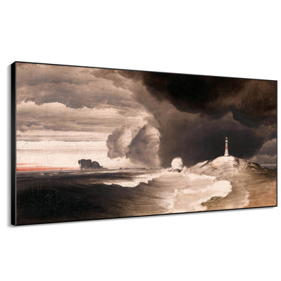 Très grand art mural imprimé sur toile - Paysage de phare côtier orageux foncé avec des vagues océaniques dramatiques pour le salon ou la chambre à coucher "Assemblage requis (cadre non fini)"