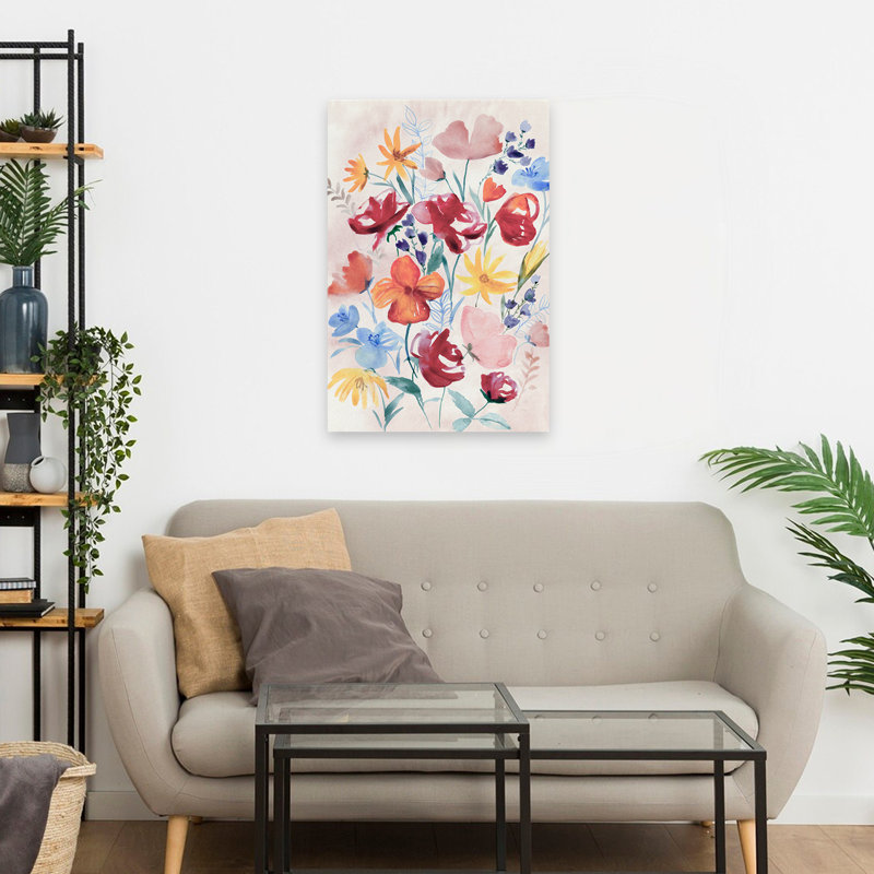 Fleurs et feuilles, fleurs douces dans une douce aquarelle, H 24 po x l 16 po
