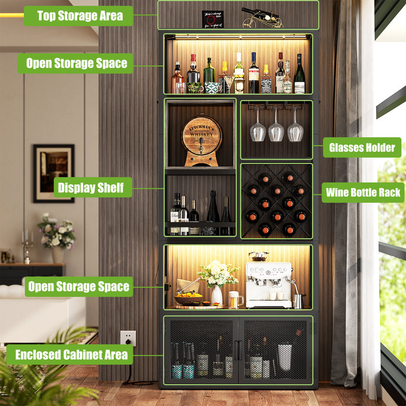 Bar Cabinet with Power Outlets, 6-Tiers Storage Cabinet Coffee Bar, Gray